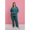 venüsshopping- Kadın Büyük Beden Petrol Rengi Düğmeli Pijama Takımı