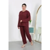 venüsshopping- Kadın Büyük Beden Uzun Kol Penye Pijama Takımı Bordo