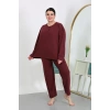 venüsshopping- Kadın Büyük Beden Uzun Kol Penye Pijama Takımı Bordo