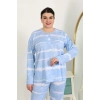 venüsshopping- Kadın Büyük Beden Uzun Kol Penye Pijama Takımı Mavi