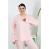venüsshopping- Kadın Büyük Beden Uzun Kol Penye Pijama Takımı Pembe