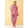 venüsshopping- Kadın Somon Go Getter Yazılı Büyük Beden Pijama Takımı