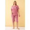 venüsshopping- Kadın Somon “Live the Dream” Yazılı Büyük Beden Kapri Pijama Takımı