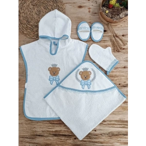 0-1 Yaş Bear Nakışlı Pareolu 4lü Erkek Bebek Havlu Silgi Takımı Mavi