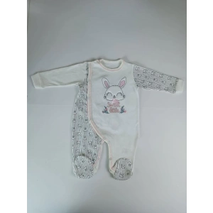 0-3 3-6 Ay Minik Tavşan Nakışlı Boydan Çıtçıt Kapamalı Kız Erkek Bebek Tulumu Ekru