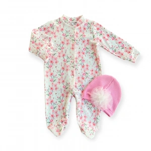0-3-6-9 Ay Çiçek Baskılı Tam Boy Çıtçıtlı Patikli Güllü Boneli Kız Bebek Tulumu Pembe