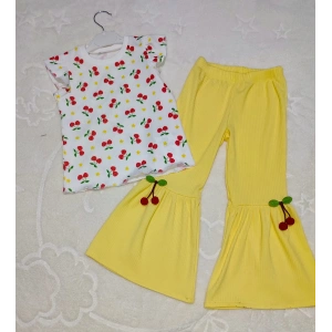 1-2-3-4 Yaş Kiraz Baskılı Tişört İspanyol Paçalı Likralı 2li Kız Çocuk Takımı Sarı