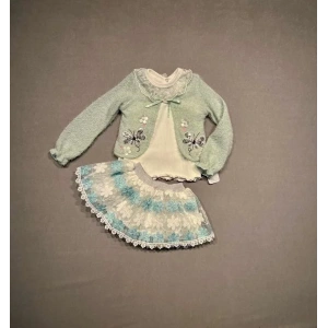 1-2-3 Yaş Brode Etekli Örme Hırkalı Uzun Kollu Sweat 3lü Kız Çocuk Takımı Su Yeşili