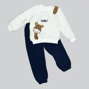 1-2-3 Yaş Hello Zürafa Nakışlı Kuzu Kumaş Sweat Pantolon Uzun Kollu Kız Erkek 2 Li Takımı Lacivert