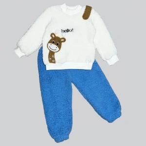 1-2-3 Yaş Hello Zürafa Nakışlı Kuzu Kumaş Sweat Pantolon Uzun Kollu Kız Erkek 2 Li Takımı Saks Mavisi