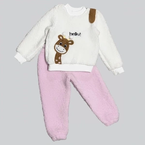 1-2-3 Yaş Hello Zürafa Nakışlı Kuzu Kumaş Sweat Pantolon Uzun Kollu Kız Erkek 2 Li Takımı Pembe