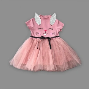 1-2-3 Yaş Payetli Kulak Tavşan Baskılı Kız Bebek Elbisesi Gül Kurusu