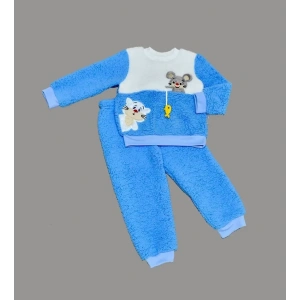 1-2-3 Yaş Sallanan Balık Nakışlı Kuzu Kumaş Sweat Pantolon Uzun Kollu Kız Erkek 2 Li Takımı Saks Mavisi