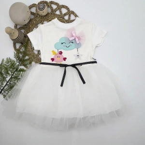 1-2-3 Yaş Tül Tokalı Bulut Civciv Ve Yıldız Nakışlı Kız Bebek Elbisesi Beyaz