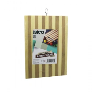 24 X 34 X 1.4cm Beyaz Çizgili Ahşap Bambu Kesim Panosu - Kesme Tahtası Metal Kulplu (4172)