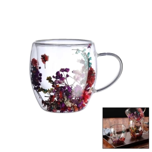 240ml - Geniş - Kalpli Çift Cidarlı - Çiçek Süslü Termisil - Isıya Dayanıklı Cam Bardak (4172)