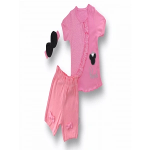 3-6 6-9 9-12 12-18 Ay Princess Taçlı Mickey Nakışlı Şort Tişört 3lü Kız Bebek Takımı Pembe