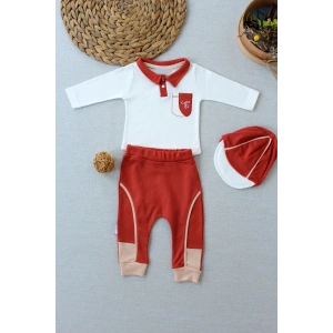 3-6 6-9 9-12 Ay Efendi Nakışlı Cep Şapkalı Uzun Kollu Sweat 3lü Erkek Bebek Takımı Kiremit