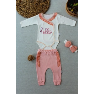 3-6 6-9 9-12 Ay Hello Nakışlı Kruvaze Bandanalı Uzun Kollu Zıbınlı 3lü Kız Bebek Takımı Somon