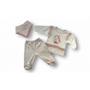 3-6 6-9 9-12 Ay Kraliçe Kuğu Nakışlı Bandajlı Uzun Kollu Sweatli 3lü Kız Bebek Takımı Ekru