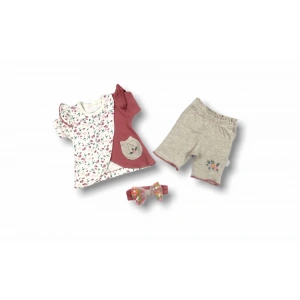 3-6 6-9 9-12 Ay Melek Kız Nakışlı Bandanalı Kısa Kollu Sweatli Şortlu 3lü Kız Bebek Takımı Nar Çiçeği