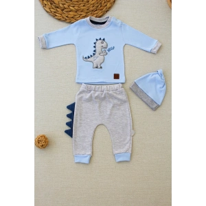 3-6 6-9 9-12 Ay Minik Dino Nakışlı Şapkalı Uzun Kollu Sweat 3lü Kız-erkek Bebek Takımı Mavi