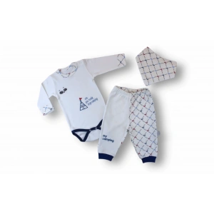 3-6 6-9 9-12 Ay My Camping Nakışlı Bandajlı Uzun Kollu Zıbınlı 3lü Erkek Bebek Takımı Ekru