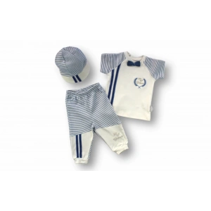 3-6 6-9 9-12 Ay My Prince Nakışlı Şapkalı Kısa Kollu Sweatli 3lü Erkek Bebek Takımı Ekru