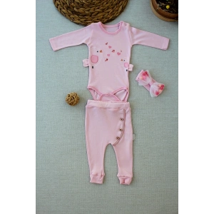 3-6 6-9 9-12 Ay Şarkıcı Kuşlar Nakışlı Bandanalı Uzun Kollu Zıbınlı 3lü Kız Bebek Takımı Pembe