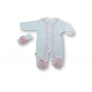 3-6 6-9 Ay Dantelli Boydan Çıtçıtlı Bandanalı Patikli Uzun Kollu Kız Bebek Tulumu Ekru