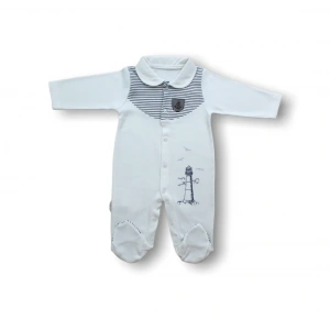 3-6 6-9 Ay Deniz Feneri Nakışlı Patikli Uzun Kollu Erkek Bebek Tulumu Ekru