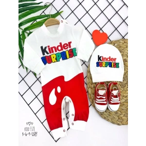 3-6-9-12 Ay Kinder Surprise Baskılı Çıtçıt Kapamalı Şapkalı 2li Kız Erkek Bebek Tulumu Ekru