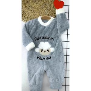 3-6-9-12 Ay Kuzu Tüylü Kumaş Annesinin Kuzusu Nakışlı Alttan Çıtçıtlı Kız Erkek Bebek Tulumu Gri