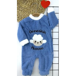3-6-9-12 Ay Kuzu Tüylü Kumaş Annesinin Kuzusu Nakışlı Alttan Çıtçıtlı Kız Erkek Bebek Tulumu Mavi
