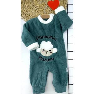 3-6-9-12 Ay Kuzu Tüylü Kumaş Annesinin Kuzusu Nakışlı Alttan Çıtçıtlı Kız Erkek Bebek Tulumu Petrol Mavisi