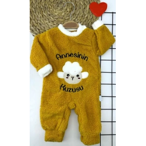 3-6-9-12 Ay Kuzu Tüylü Kumaş Annesinin Kuzusu Nakışlı Alttan Çıtçıtlı Kız Erkek Bebek Tulumu Hardal