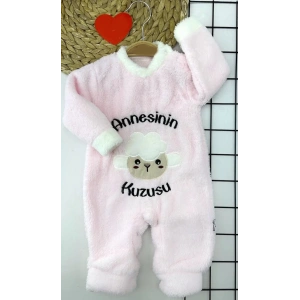 3-6-9-12 Ay Kuzu Tüylü Kumaş Annesinin Kuzusu Nakışlı Alttan Çıtçıtlı Kız Erkek Bebek Tulumu Pembe