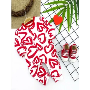 3-6-9-12 Ay Pastal Kalp Baskılı Uzun Kollu Kız Erkek Bebek Tulumu Kırmızı