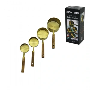 4 Pcs Gold Metal Ölçü Kaşık Seti Otantik Ağaç Kulp 250ml - 125ml - 80ml - 60ml (4172)