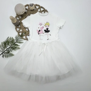 5-6-7 Yaş Flamingo Balerin Kız Baskılı Kurdela Kuşaklı Astarlı Kız Çocuk Tütü Elbise Beyaz