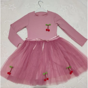 5-6-7 Yaş Kiraz Desenli Kurdela Kuşaklı Astarlı Uzun Kollu Kız Çocuk Tütü Elbise Gül Kurusu