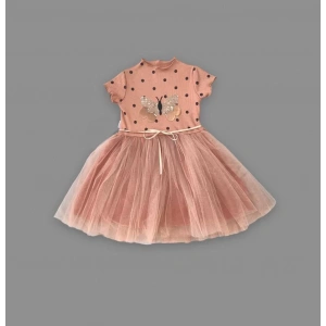 5-6-7 Yaş Payetli Kelebek Desenli Puantiyeli Kız Çocuk Elbisesi