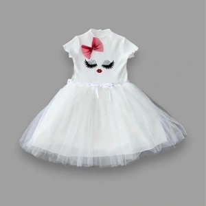 5-6-7 Yaş Payetli Süslü Yüz Baskılı Kız Çocuk Elbisesi Beyaz