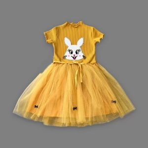 5-6-7 Yaş Payetli Tavşan Baskılı Kız Çocuk Elbisesi