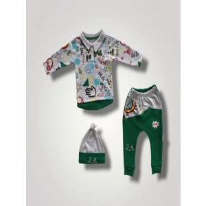 6-9 12-18 18-24 Ay Power Kedi Nakışlı Uzun Kollu Sweat Şapkalı 3lü Kız Erkek Bebek Takımı Yeşil