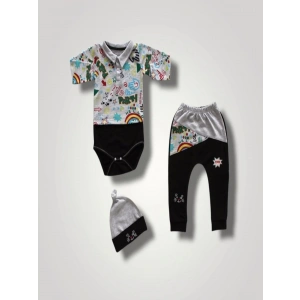 6-9 12-18 18-24 Ay Power Kedi Nakışlı Uzun Kollu Zıbınlı Şapkalı 3lü Kız Erkek Bebek Takımı Siyah