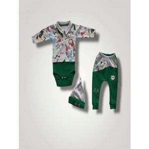 6-9 12-18 18-24 Ay Power Kedi Nakışlı Uzun Kollu Zıbınlı Şapkalı 3lü Kız Erkek Bebek Takımı Yeşil