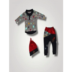 6-9 12-18 18-24 Ay Samanyolu Yıldızlar Baskılı Uzun Kollu Sweat Şapkalı 3lü Kız Erkek Bebek Takımı Lacivert