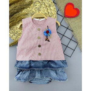 6-9-12-18 Ay Gül Rozet Detaylı Kot Kilotlu Etek Kız Bebek Elbisesi Gül Kurusu