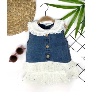 6-9-12-18 Ay Güpür Yaka Ve Etek Detaylı Kot Kilotlu Etek Kız Bebek Elbisesi